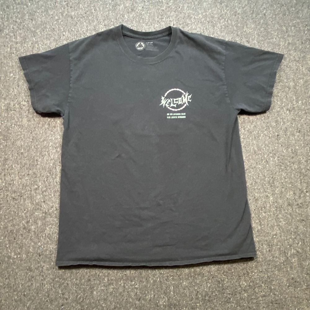 Welcome Skateboards TShirt Sz L Mens Black‎ Skater Occult Graphic Latin Text Tee